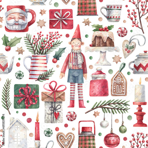 Watercolor, seamless pattern with Christmas elements on a white background. Santa's elf, boxes with gifts, Christmas tree branches, sweets watercolor illustration background.