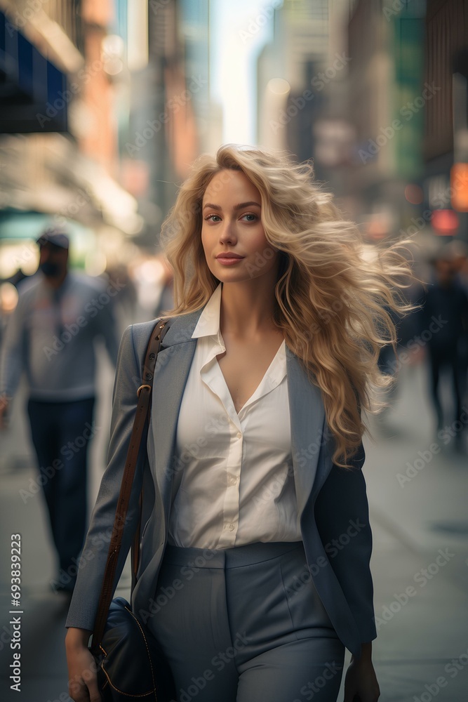 a delightful young business woman walking along in a busy downtown street. generative AI