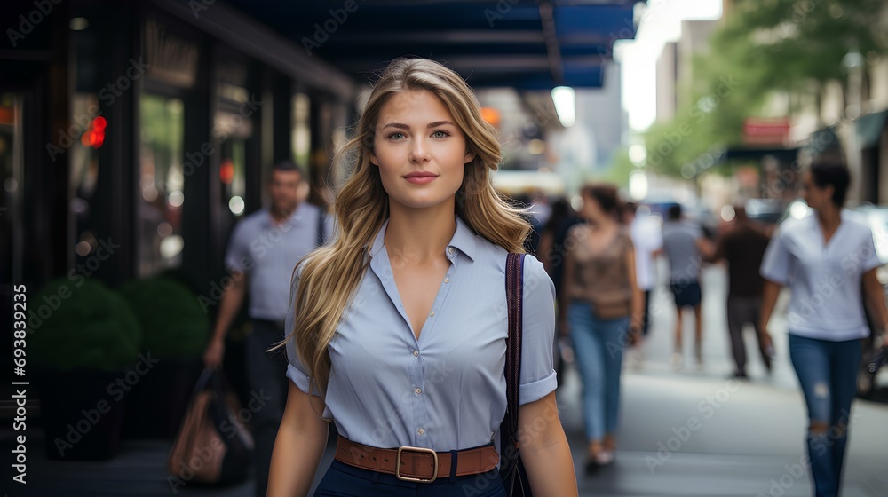 a delightful young business woman walking along in a busy downtown street. generative AI