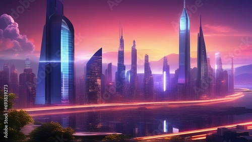  Create a vibrant and futuristic cityscape at dusk  featuring sleek skyscrapers illuminated by neon lights and a bustling atmosphere. Show flying vehicles zipping through the sky and hints of advanced