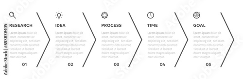 Modern business infographic template with arrows and 5 options or step icons.
