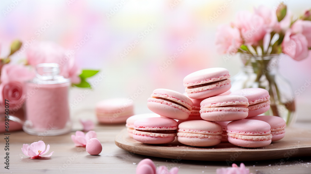 Pink macaroons on table and roses blossom isolated light background, copy space banner greeting card, Valentine day Mother day Best gift for woman Birthday Easter International women day concept Pink macaroons on table and roses blossom isolated light background, copy space banner greeting card, Valentine day Mother day Best gift for woman Birthday Easter International women day concept