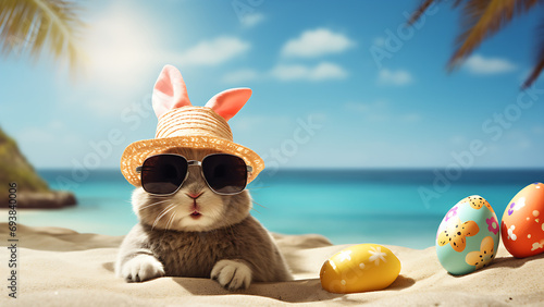 Happy Easter. Easter bunny on the beach, wearing sun hat and glasses.