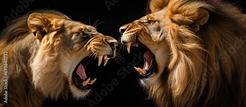 Male and female lions devouring up close. photo