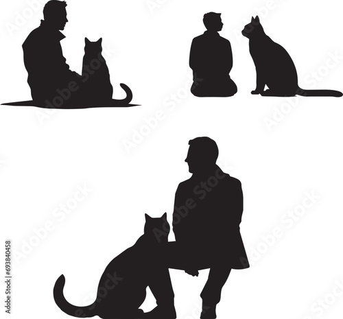 Black silhouette of man with cat white background
