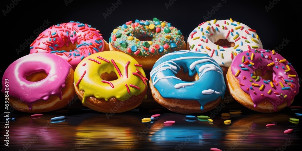 Close-up of variety of glazed delicious festive donuts with colourful sprinkles.