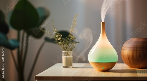 Humidifier on the table at home and spreading steam into the living room