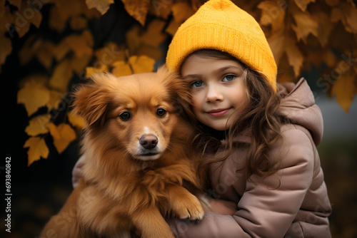 a beautiful brown coat girl with her dog in the woods