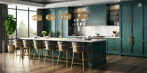 the modern teal kitchen has wooden flooring with cabinets and stools