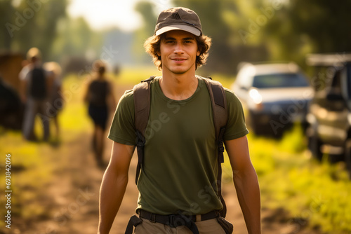 Man with hat and backpack walking down dirt road.