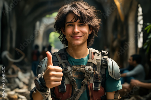 Young man giving thumbs up sign in tunnel.