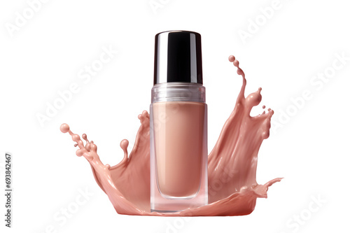 Realistic Liquid makeup foundation glass bottle with foundation beige color splash photo