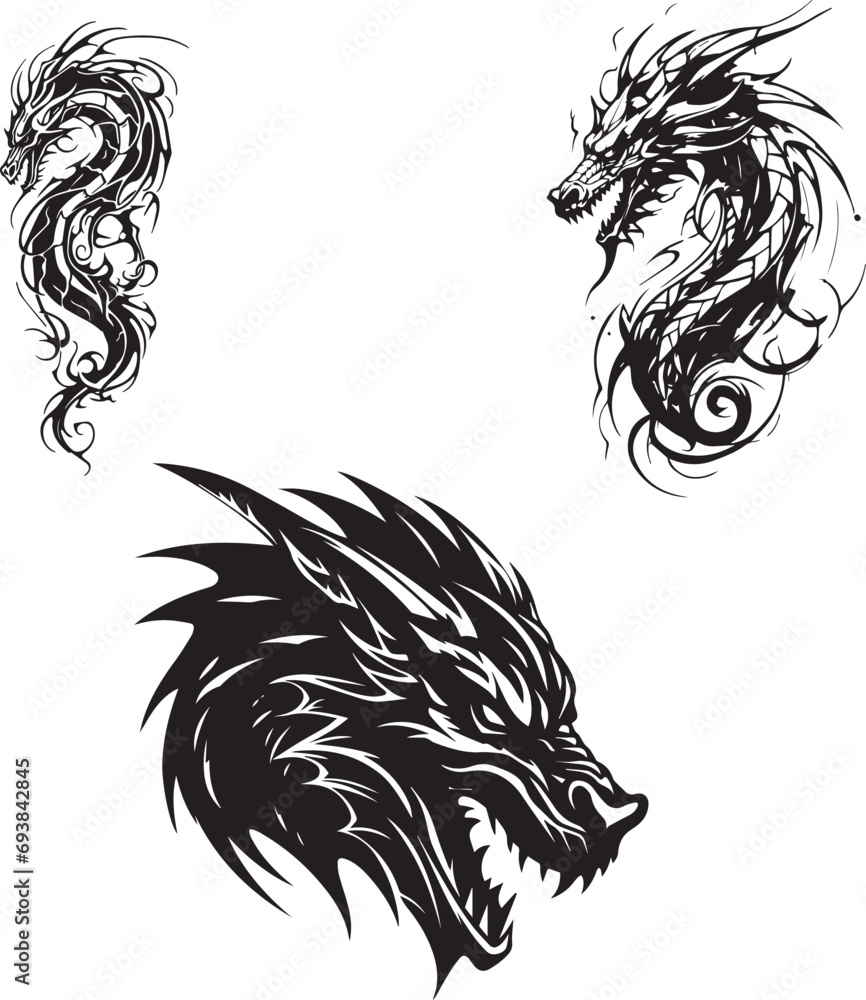 Set of Black dragon logo on white background Set of Black dragon logo on white background