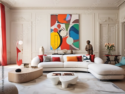 A Spacious Living Room Boasting a White Sofa, Colorful Art, and Irregular Curvilinear Forms, Accented with Utilitarian Objects in Dark Orange and Light Green photo