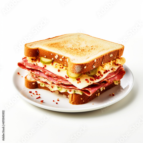 Cheese and salami sandwich on a plate with isolated white background - ai generative