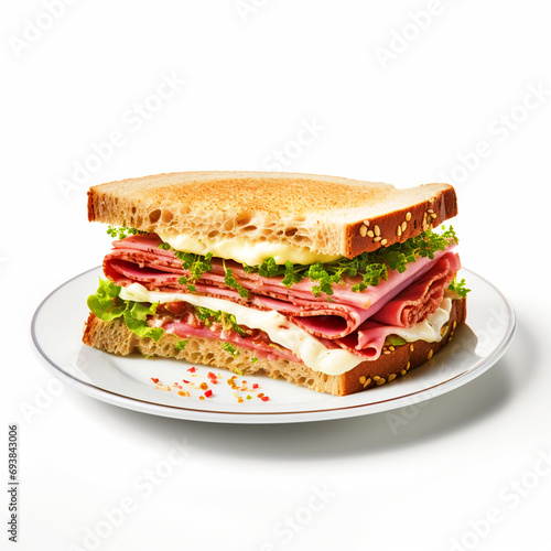 Cheese and salami sandwich on a plate with isolated white background - ai generative