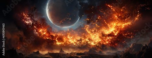 A fire ball of burning planet with volcano type bright illuminated surface and cosmic rays coming out and dark background  photo