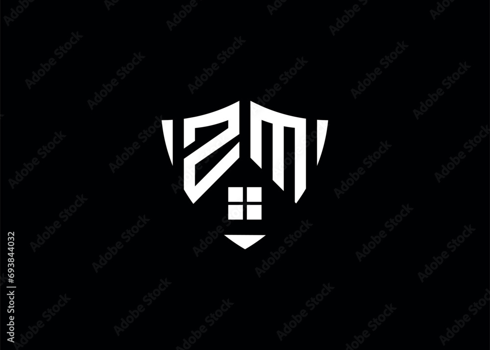 Real estate letter ZM shield shape logo and house building vector template. Real estate letter ZM shield shape logo and house building vector template.