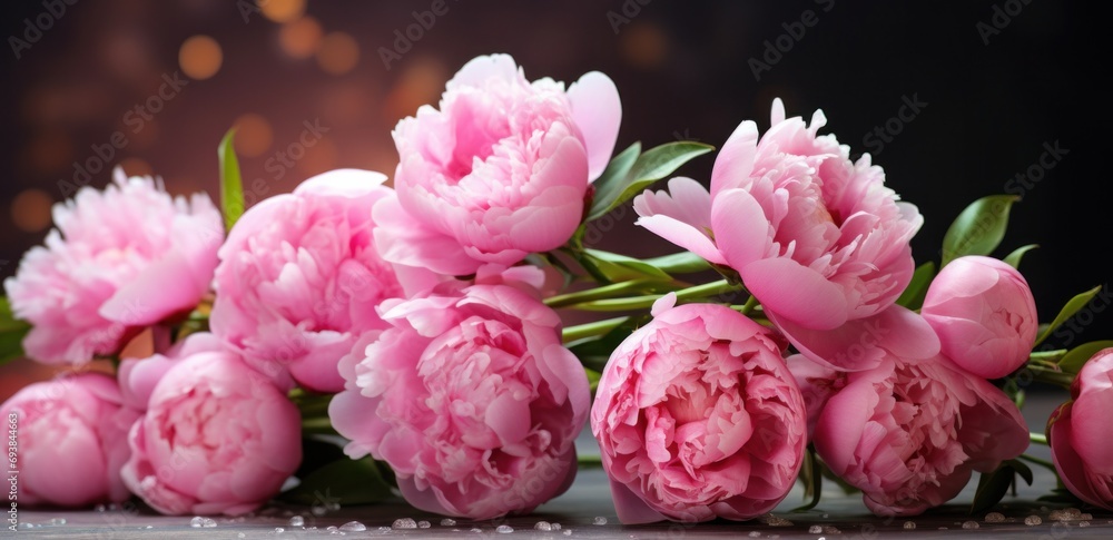 peony bloom pink flowers on a dark table with bokeh background peony bloom pink flowers on a dark table with bokeh background