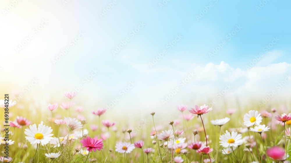 Serene meadow with blooming flowers, offering ample copy space for text