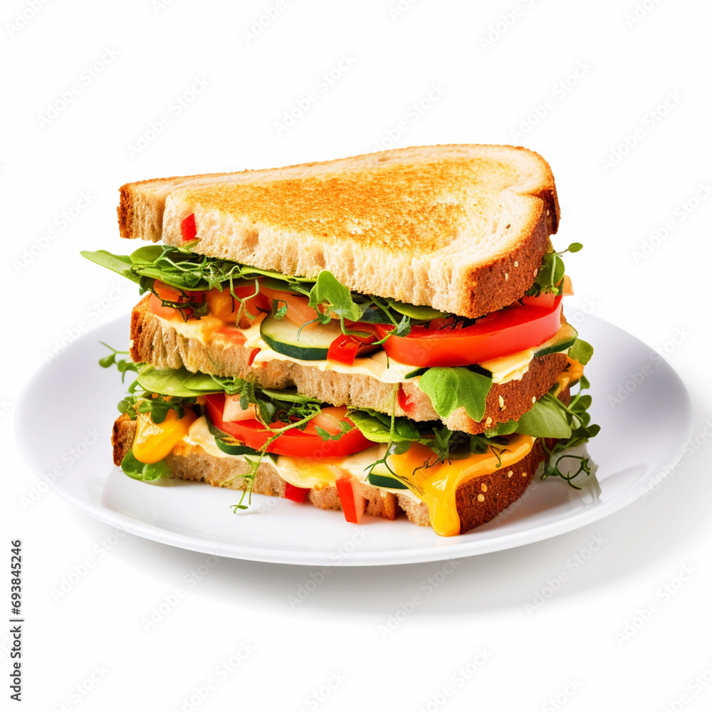Veg sandwich on a plate with isolated white background - ai generative