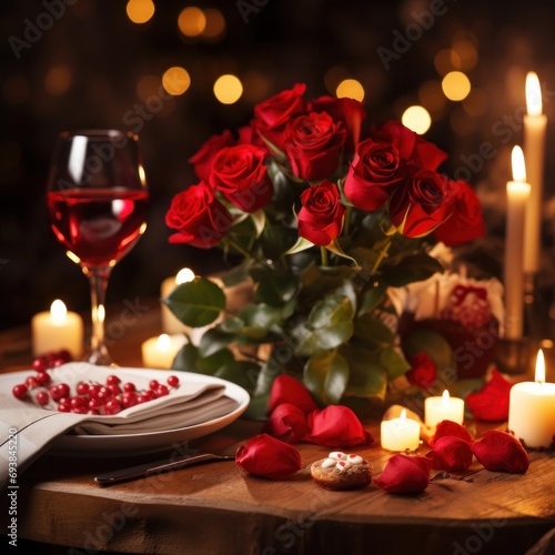 Romantic dinner setting with red roses and candles