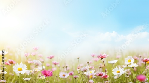 Serene meadow with blooming flowers  offering ample copy space for text
