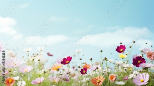 Serene meadow with blooming flowers, offering ample copy space for text © olegganko