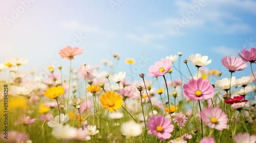 Serene meadow with blooming flowers, offering ample copy space for text © olegganko