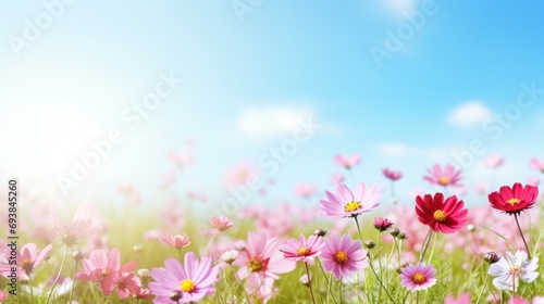 Serene meadow with blooming flowers, offering ample copy space for text