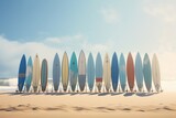 surfboards lined up in front of a blue rock
