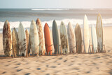 surfboards lined up in front of a blue rock