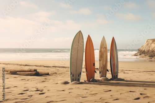 surfboards lined up in front of a blue rock © olegganko