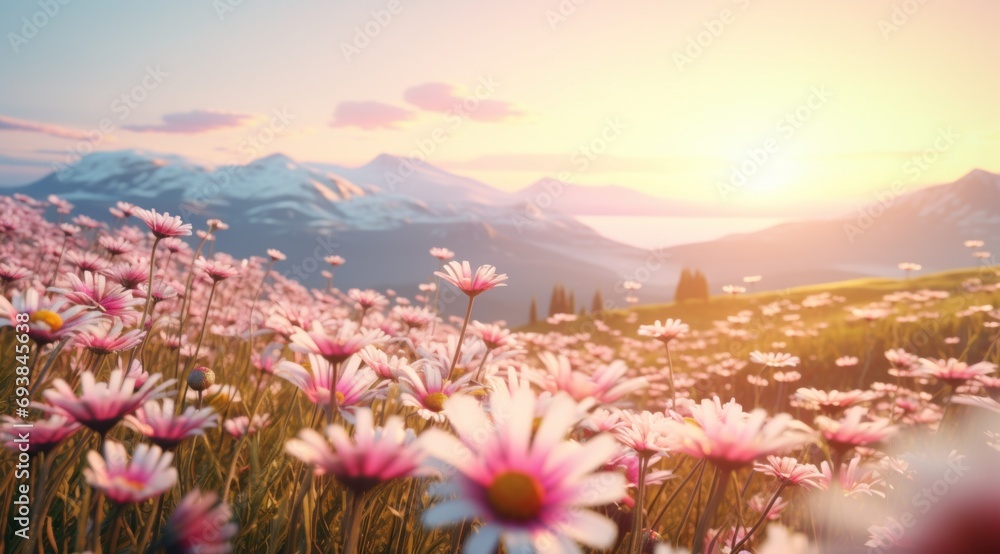 the fields are full of daisies and bright sunlight, - obrazy, fototapety, plakaty 