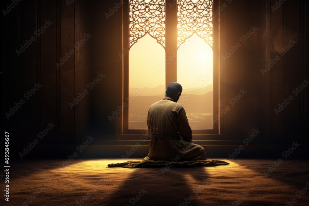 the man kneels in quiet and praying by the window