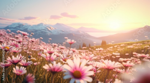 the fields are full of daisies and bright sunlight, photo
