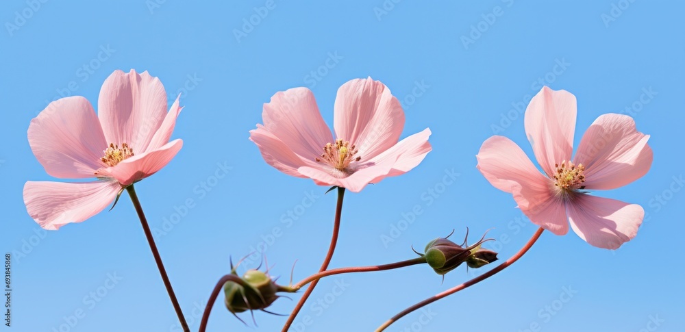 Obraz premium three pink flowers against a blue background