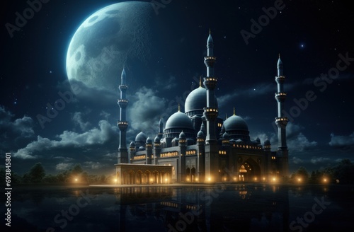 this hd wallpaper shows a mosque at night with moon lighting photo
