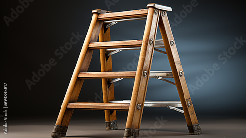 Close-up of wooden staircase on grey background, abstraction and conceptualism photo