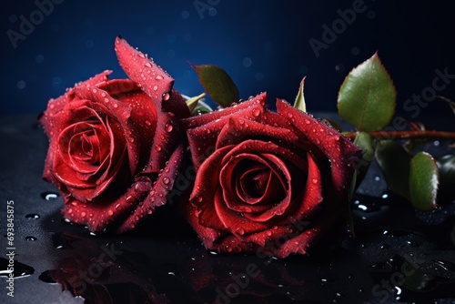 three red roses sitting down against a dark blue background