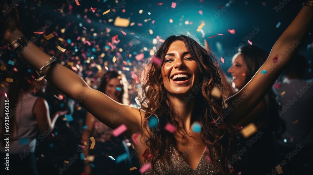 A lively adult birthday party with confetti, balloons - obrazy, fototapety, plakaty 