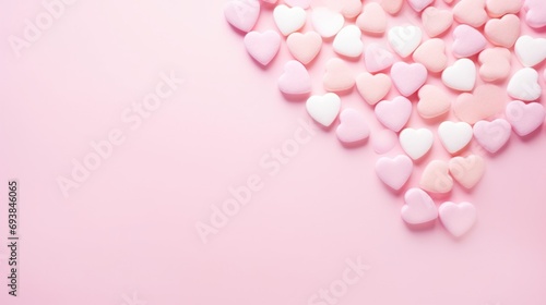 Vintage postcard with heart-shaped candies on pastel pink background