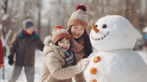 Cozy family, cheerful snowman building, rosy cheeks, and snowy playfulness