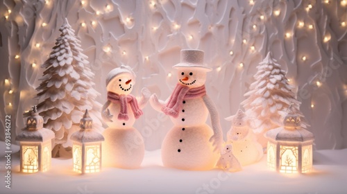 Cozy family, cheerful snowman building, rosy cheeks, and snowy playfulness