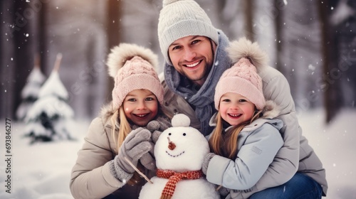 Cozy family, cheerful snowman building, rosy cheeks, and snowy playfulness