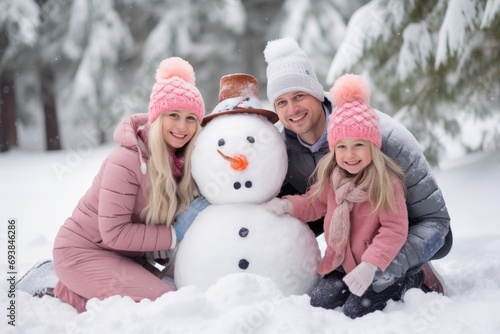 Cozy family, cheerful snowman building, rosy cheeks, and snowy playfulness