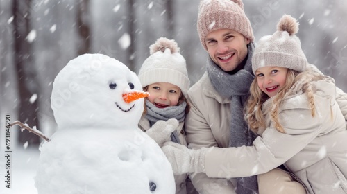 Cozy family, cheerful snowman building, rosy cheeks, and snowy playfulness