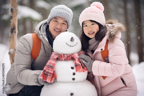 Cozy family, cheerful snowman building, rosy cheeks, and snowy playfulness