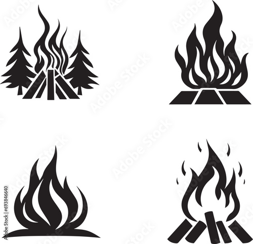 Set of fire flame vector icons on white background