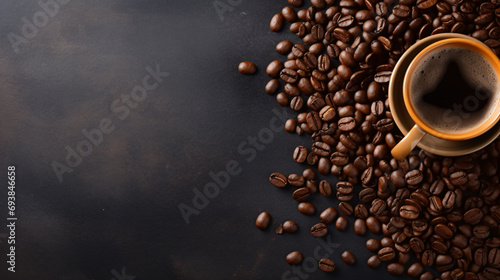 Top view of Cup of coffee and coffee beans in a sack